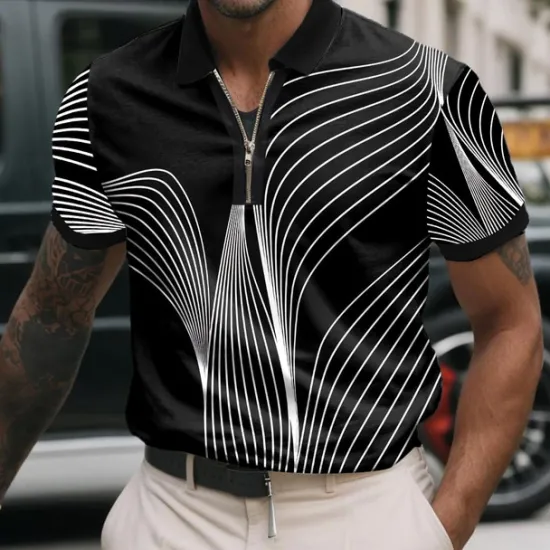 Online OUKU Men's Geometic Line Zip Polo Shirts Short Sleeve Polo Shirts Collared Shirts Business Casual Business Athleisure Wear to work Daily Wear 3D Print Summer Black White