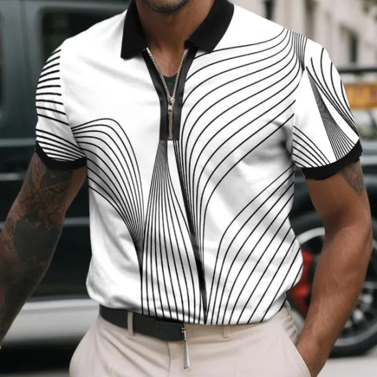 Online OUKU Men's Geometic Line Zip Polo Shirts Short Sleeve Polo Shirts Collared Shirts Business Casual Business Athleisure Wear to work Daily Wear 3D Print Summer Black White