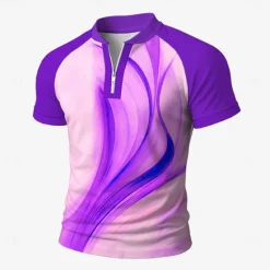 Sale OUKU Men's Geometic Line Zip Polo Short Sleeve Stand Collar Business Modern Leisure Sports & Outdoor Business Athleisure Zipper 3D Print Summer Robin's Egg Blue Purple Green