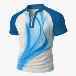 Sale OUKU Men's Geometic Line Zip Polo Short Sleeve Stand Collar Business Modern Leisure Sports & Outdoor Business Athleisure Zipper 3D Print Summer Robin's Egg Blue Purple Green