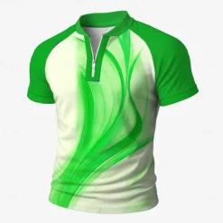 Sale OUKU Men's Geometic Line Zip Polo Short Sleeve Stand Collar Business Modern Leisure Sports & Outdoor Business Athleisure Zipper 3D Print Summer Robin's Egg Blue Purple Green