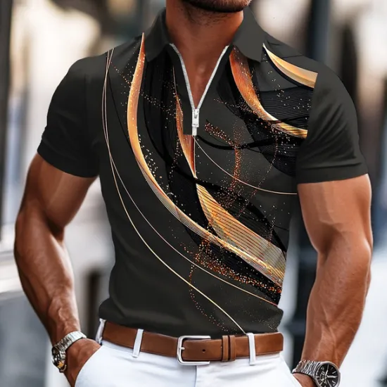 Clearance OUKU Men's Geometic Line Zip Polo Shirts Short Sleeve Polo Shirts Collared Shirts Business Casual Business Athleisure Wear to work Daily Wear 3D Print Summer Blue Purple Orange