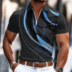 Clearance OUKU Men's Geometic Line Zip Polo Shirts Short Sleeve Polo Shirts Collared Shirts Business Casual Business Athleisure Wear to work Daily Wear 3D Print Summer Blue Purple Orange