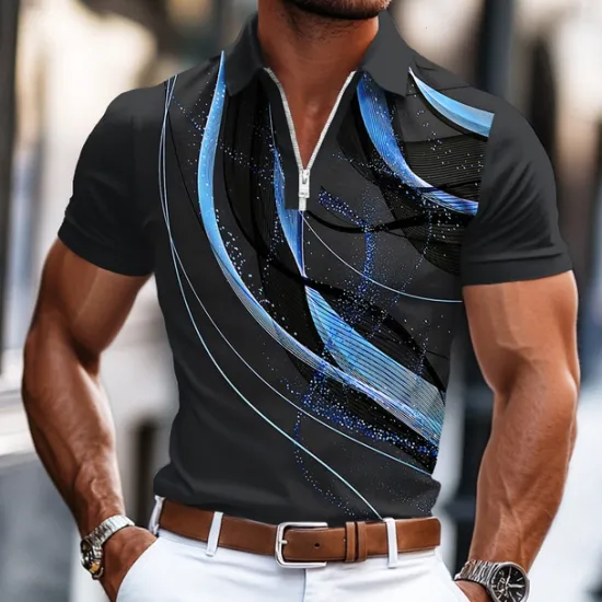 Clearance OUKU Men's Geometic Line Zip Polo Shirts Short Sleeve Polo Shirts Collared Shirts Business Casual Business Athleisure Wear to work Daily Wear 3D Print Summer Blue Purple Orange