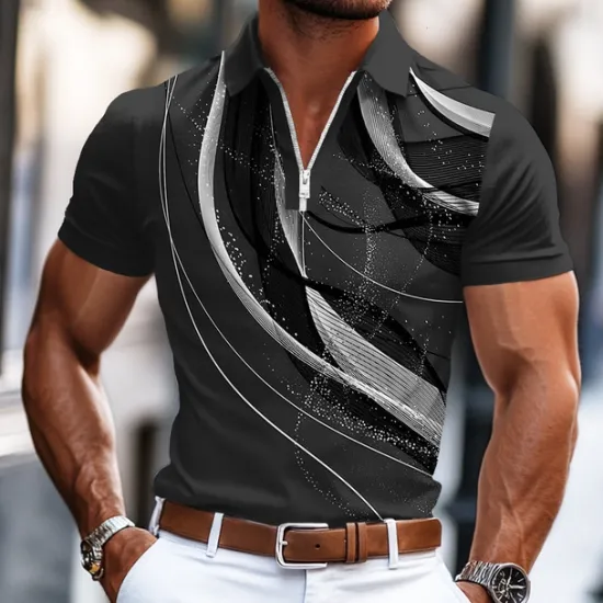 Clearance OUKU Men's Geometic Line Zip Polo Shirts Short Sleeve Polo Shirts Collared Shirts Business Casual Business Athleisure Wear to work Daily Wear 3D Print Summer Blue Purple Orange