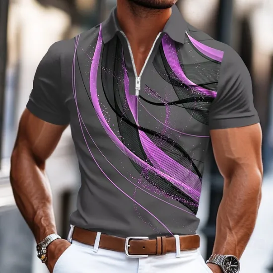 Clearance OUKU Men's Geometic Line Zip Polo Shirts Short Sleeve Polo Shirts Collared Shirts Business Casual Business Athleisure Wear to work Daily Wear 3D Print Summer Blue Purple Orange