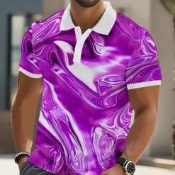 Clearance OUKU Men's Geometic Marble Polo Short Sleeve Polo Shirts Collared Shirts Casual Athleisure Outdoor clothing Streetwear Buttons Summer Blue Sky Blue Purple