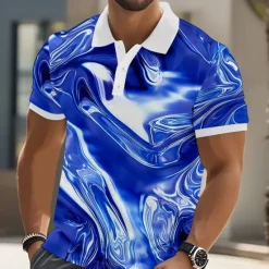 Clearance OUKU Men's Geometic Marble Polo Short Sleeve Polo Shirts Collared Shirts Casual Athleisure Outdoor clothing Streetwear Buttons Summer Blue Sky Blue Purple
