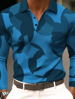 OUKU Men's Geometic Polo Long Sleeve Polo Shirts Lapel Casual Athleisure Daily Wear 3D Print Buttons Spring Fall Winter Blue Purple Orange