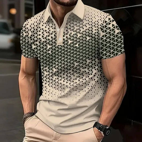 Discount OUKU Men's Geometic Polo Short Sleeve Polo Shirts Collared Shirts Business Casual Athleisure Buttons Summer Black Blue Brown