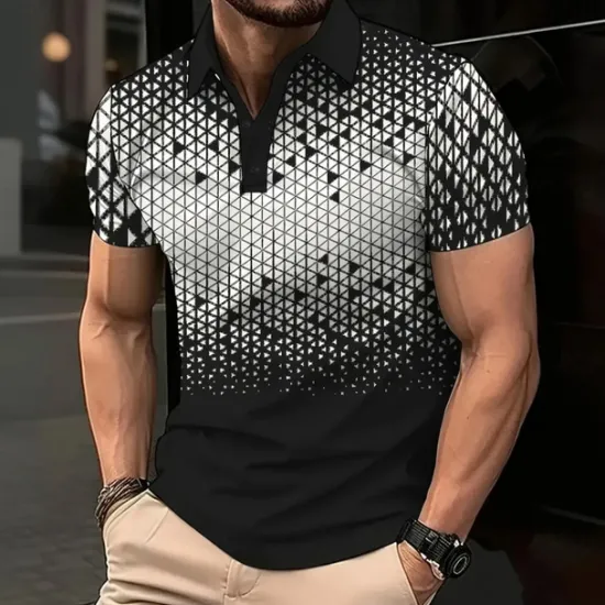 Discount OUKU Men's Geometic Polo Short Sleeve Polo Shirts Collared Shirts Business Casual Athleisure Buttons Summer Black Blue Brown