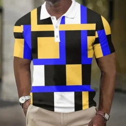 New OUKU Men's Geometic Waffle Polo Shirts Short Sleeve Polo Shirts Collared Shirts Business Casual Athleisure Wear to work Daily Wear Buttons 3D Print Summer Red Blue Sky Blue