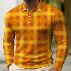Hot OUKU Men's Geometic Waffle Polo Shirts Long Sleeve Polo Shirts Collared Shirts Business Casual Business Wear to work Daily Wear Buttons Spring Fall Winter Lake blue Orange Dark Blue