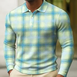 Hot OUKU Men's Geometic Waffle Polo Shirts Long Sleeve Polo Shirts Collared Shirts Business Casual Business Wear to work Daily Wear Buttons Spring Fall Winter Lake blue Orange Dark Blue