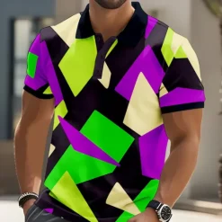 Clearance OUKU Men's Geometric Abstract Polo Short Sleeve Polo Shirts Collared Shirts Casual Street Athleisure Daily Wear 3D Print Buttons Summer Pink Blue Purple