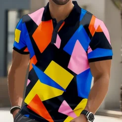 Clearance OUKU Men's Geometric Abstract Polo Short Sleeve Polo Shirts Collared Shirts Casual Street Athleisure Daily Wear 3D Print Buttons Summer Pink Blue Purple