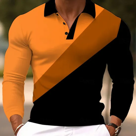 Clearance OUKU Men's Geometric Abstract Polo Long Sleeve Polo Shirts Lapel Casual Athleisure Daily Wear 3D Print Buttons Spring Fall Winter Blue Orange Green