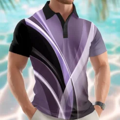 Best OUKU Men's Geometric Abstract Polo Short Sleeve Polo Shirts Lapel Casual Athleisure 3D Print Buttons Summer Blue Purple Green