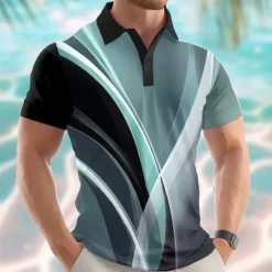 Best OUKU Men's Geometric Abstract Polo Short Sleeve Polo Shirts Lapel Casual Athleisure 3D Print Buttons Summer Blue Purple Green