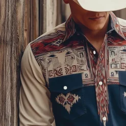 Online OUKU Men's Geometric Aztec Ethnic Shirt Western Shirt Cowboy Shirt Long Sleeve Vintage Retro Outdoor Casual WorkWear Spring Fall Turndown Front Two Pockets Linen Like Shirt Button Up Shirts Dark Blue