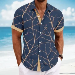 Hot OUKU Men's Geometric Casual Shirt Button Up Shirt Short Sleeve Fashion Casual Vacation Holiday Streetwear Summer Spring Turndown 3D Print Collared Shirts Dark Blue Light Blue Gray