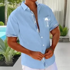 Sale OUKU Men's Geometric Coconut Tree Tropical Plants Shirt Summer Hawaiian Shirt Button Up Shirt Short Sleeve Hawaiian Vacation Beach Wear Summer Spring Turndown 3D Print Collared Shirts Front One Pocket Blue