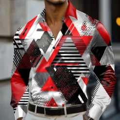 OUKU Men's Geometric Color Block Grid / Plaid Shirt Satin Shirt Dress Shirt Long Sleeve Fashion Casual Vacation Dailywear Summer Spring Fall Turndown 3D Print Button Up Shirts Red Purple Orange Dark Blue
