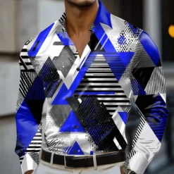 OUKU Men's Geometric Color Block Grid / Plaid Shirt Satin Shirt Dress Shirt Long Sleeve Fashion Casual Vacation Dailywear Summer Spring Fall Turndown 3D Print Button Up Shirts Red Purple Orange Dark Blue