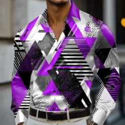 OUKU Men's Geometric Color Block Grid / Plaid Shirt Satin Shirt Dress Shirt Long Sleeve Fashion Casual Vacation Dailywear Summer Spring Fall Turndown 3D Print Button Up Shirts Red Purple Orange Dark Blue