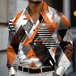 OUKU Men's Geometric Color Block Grid / Plaid Shirt Satin Shirt Dress Shirt Long Sleeve Fashion Casual Vacation Dailywear Summer Spring Fall Turndown 3D Print Button Up Shirts Red Purple Orange Dark Blue