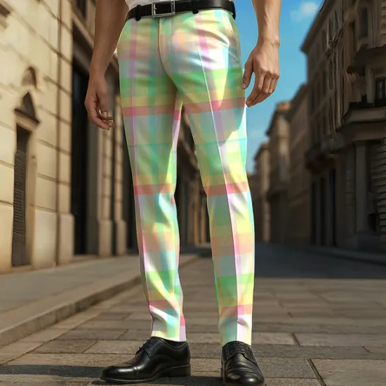 Discount OUKU Men's Geometric Color Block Grid / Plaid Dress Pants Trousers Casual Pants Mid Waist Casual Vacation Party Daily Summer Spring Fall 3D Print Yellow Blue Green
