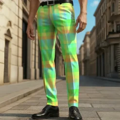 Discount OUKU Men's Geometric Color Block Grid / Plaid Dress Pants Trousers Casual Pants Mid Waist Casual Vacation Party Daily Summer Spring Fall 3D Print Yellow Blue Green
