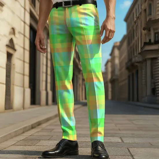 Discount OUKU Men's Geometric Color Block Grid / Plaid Dress Pants Trousers Casual Pants Mid Waist Casual Vacation Party Daily Summer Spring Fall 3D Print Yellow Blue Green