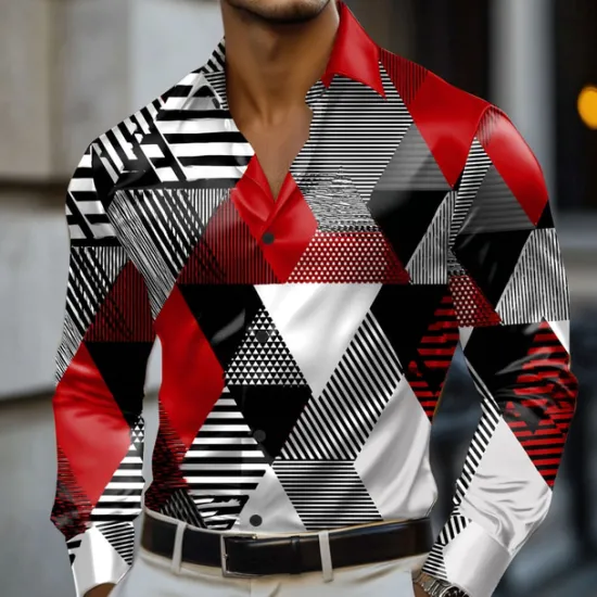 Best OUKU Men's Geometric Color Block Shirt Satin Shirt Dress Shirt Long Sleeve Fashion Casual Vacation Dailywear Summer Spring Fall Turndown 3D Print Button Up Shirts Red Blue Purple Green