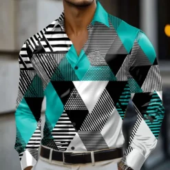 Best OUKU Men's Geometric Color Block Shirt Satin Shirt Dress Shirt Long Sleeve Fashion Casual Vacation Dailywear Summer Spring Fall Turndown 3D Print Button Up Shirts Red Blue Purple Green