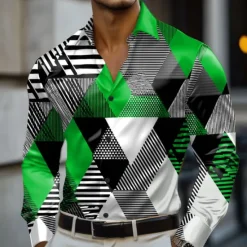 Best OUKU Men's Geometric Color Block Shirt Satin Shirt Dress Shirt Long Sleeve Fashion Casual Vacation Dailywear Summer Spring Fall Turndown 3D Print Button Up Shirts Red Blue Purple Green