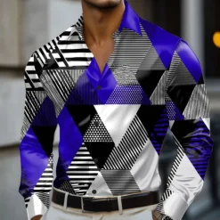 Best OUKU Men's Geometric Color Block Shirt Satin Shirt Dress Shirt Long Sleeve Fashion Casual Vacation Dailywear Summer Spring Fall Turndown 3D Print Button Up Shirts Red Blue Purple Green