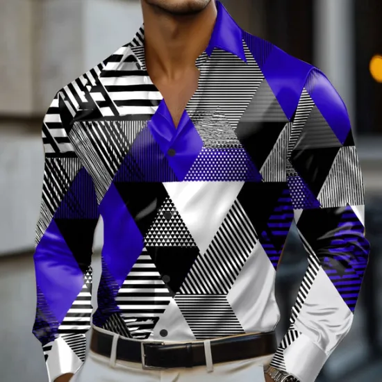 Best OUKU Men's Geometric Color Block Shirt Satin Shirt Dress Shirt Long Sleeve Fashion Casual Vacation Dailywear Summer Spring Fall Turndown 3D Print Button Up Shirts Red Blue Purple Green