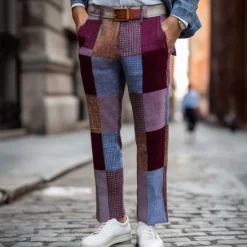 Discount OUKU Men's Geometric Color Block Patchwork Dress Pants Trousers Suit Pants Mid Waist Vintage Outdoor Vacation Regular Fit Flat-Front Straight Leg Pants with Pockets Summer Spring Fall 3D Print Wine khaki