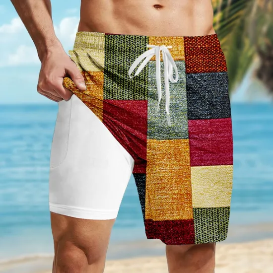 Sale OUKU Men's Geometric Color Block Patchwork Lined Shorts 2 in 1 Board Shorts Swim Shorts Mid Waist Hawaiian Holiday Beach Wear Side Pockets With Compression Liner Elastic Drawstring Waist Designer Clothing Red