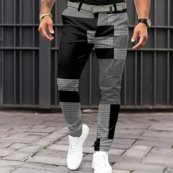 Outlet OUKU Men's Geometric Color Block Patchwork Dress Pants Mid Waist Business Casual Formal Dailywear Zipper Pocket Summer Spring Fall 3D Print Black Pink Blue