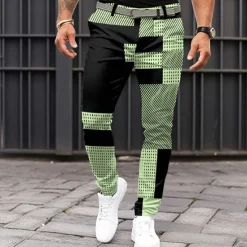Outlet OUKU Men's Geometric Color Block Patchwork Dress Pants Mid Waist Business Casual Formal Dailywear Zipper Pocket Summer Spring Fall 3D Print Black Pink Blue