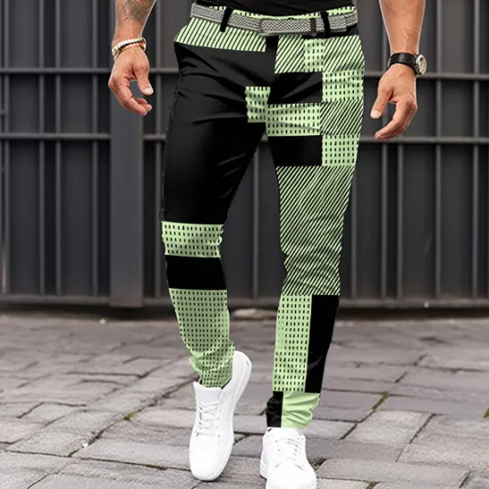 Outlet OUKU Men's Geometric Color Block Patchwork Dress Pants Mid Waist Business Casual Formal Dailywear Zipper Pocket Summer Spring Fall 3D Print Black Pink Blue