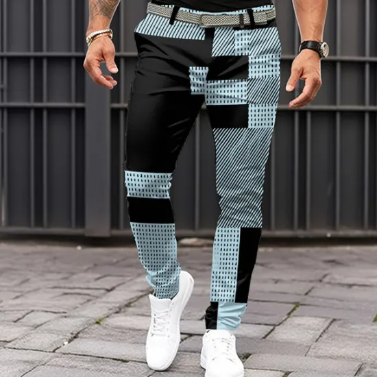 Outlet OUKU Men's Geometric Color Block Patchwork Dress Pants Mid Waist Business Casual Formal Dailywear Zipper Pocket Summer Spring Fall 3D Print Black Pink Blue