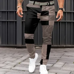 Outlet OUKU Men's Geometric Color Block Patchwork Dress Pants Mid Waist Business Casual Formal Dailywear Zipper Pocket Summer Spring Fall 3D Print Black Pink Blue