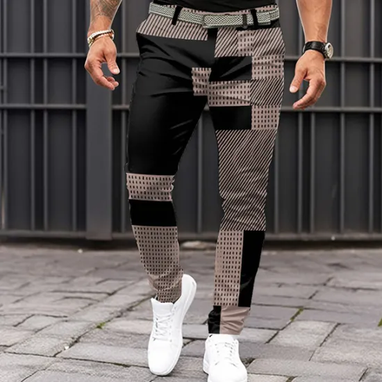 Outlet OUKU Men's Geometric Color Block Patchwork Dress Pants Mid Waist Business Casual Formal Dailywear Zipper Pocket Summer Spring Fall 3D Print Black Pink Blue