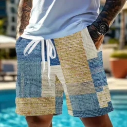 Online OUKU Men's Geometric Color Block Patchwork Waffle Shorts Sweat Shorts Casual Shorts Mid Waist Fashion Casual Vacation Jogging Workout Elastic Drawstring Waist Shorts with Pockets Designer Clothing Apparel