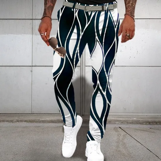 New OUKU Men's Geometric Dress Pants Mid Waist Business Casual Formal Dailywear Zipper Pocket Summer Spring Fall 3D Print White