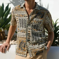 Discount OUKU Men's Geometric Ethic / African Shirt Button Up Shirt Short Sleeve Vintage Retro Vacation Dailywear Beach Wear Summer Spring Turndown 3D Print Linen Like Shirt Blue Khaki