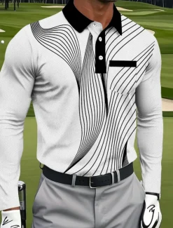 Best OUKU Men's Geometric Golf Polo Sports Polo Shirts Long Sleeve Polo Shirts Collared Shirts Sportswear Business Casual Athleisure Daily Wear Pocket 3D Print Buttons Spring Fall Black Red Blue